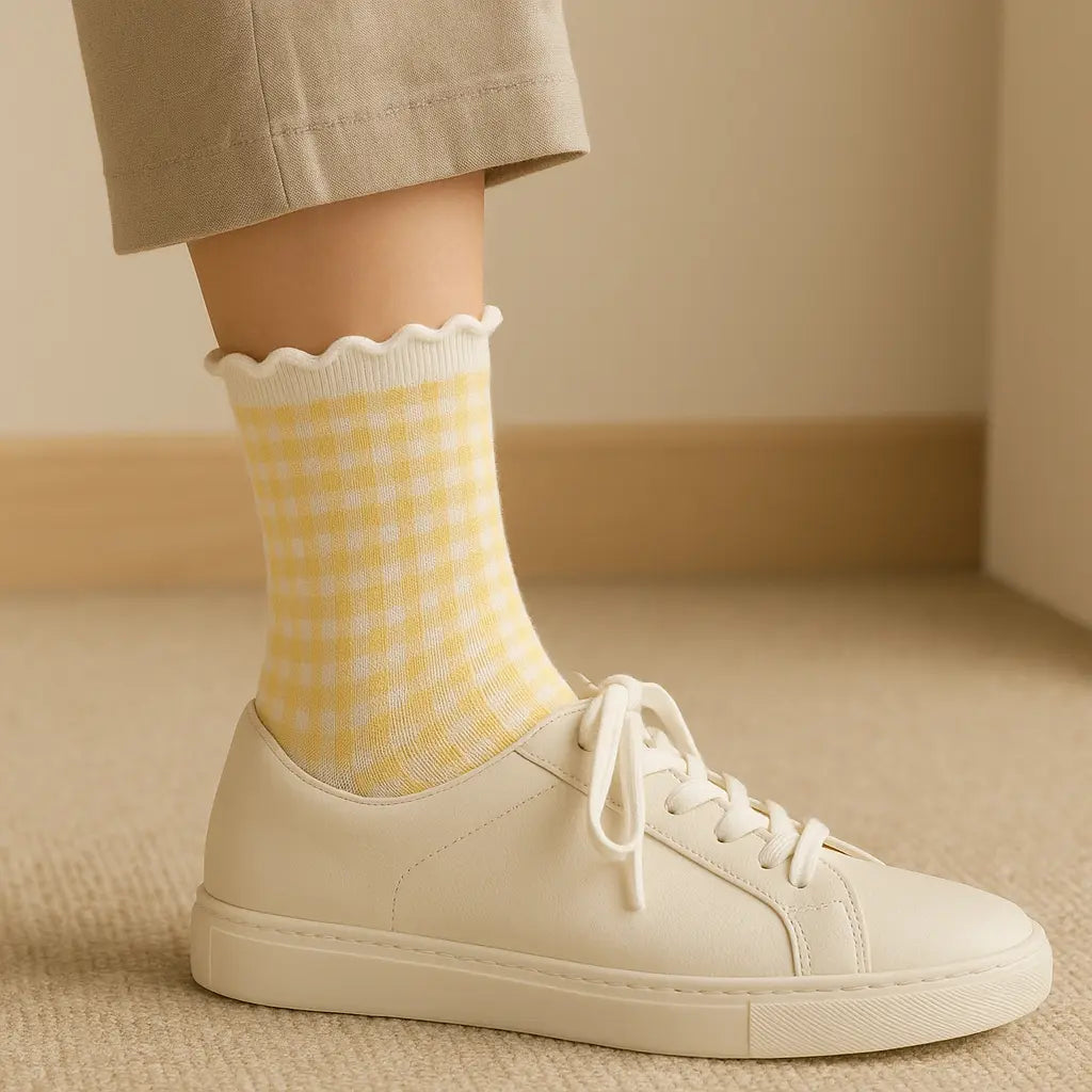 Chaussettes femmes dentelles courtes en coton jaune en situation