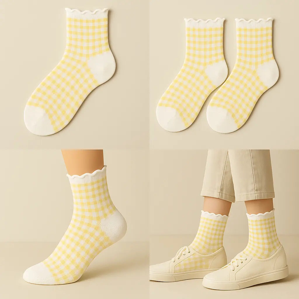 Chaussettes femmes dentelles courtes en coton jaune galerie produit