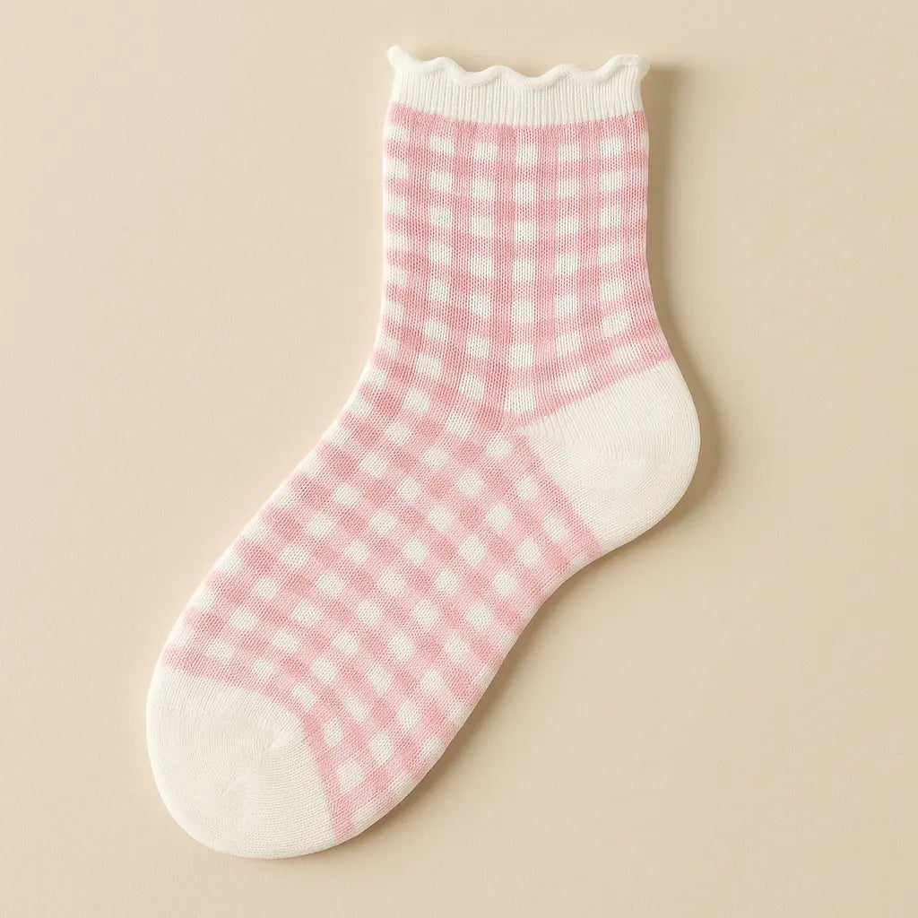 Chaussettes femmes dentelles courtes en coton rose vue à plat