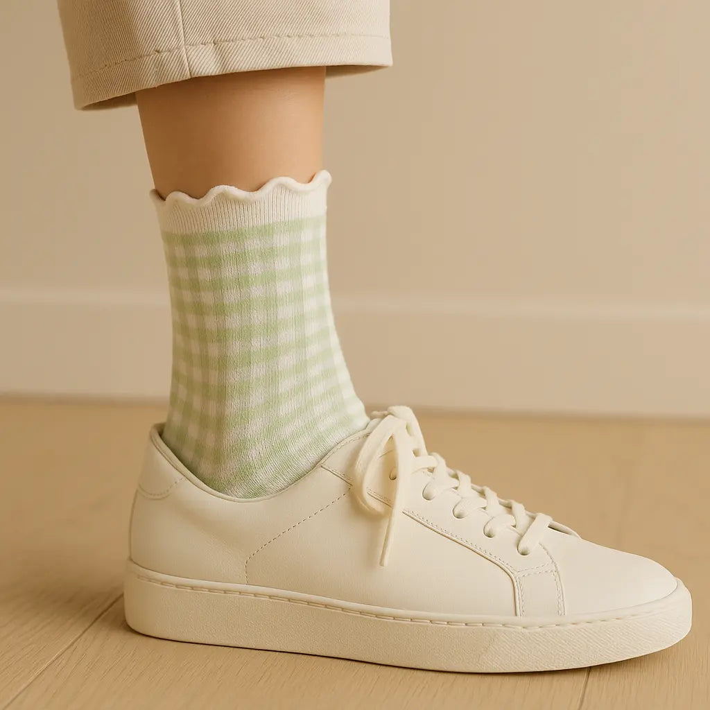 Chaussettes femmes Dentelles court coton vert clair avec chaussures