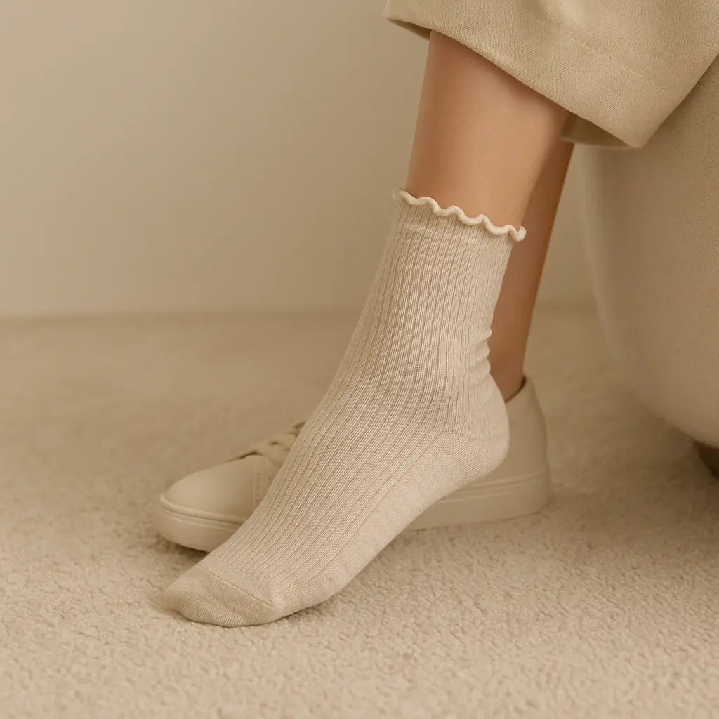 Chaussettes Femmes Dentelles Mollet Coton Avoine en situation