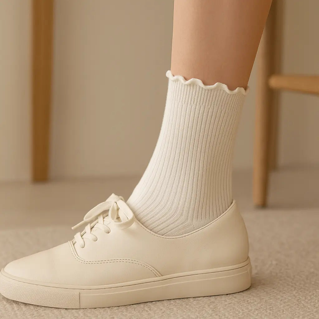 Chaussettes femmes dentelle mollet coton blanches en situation