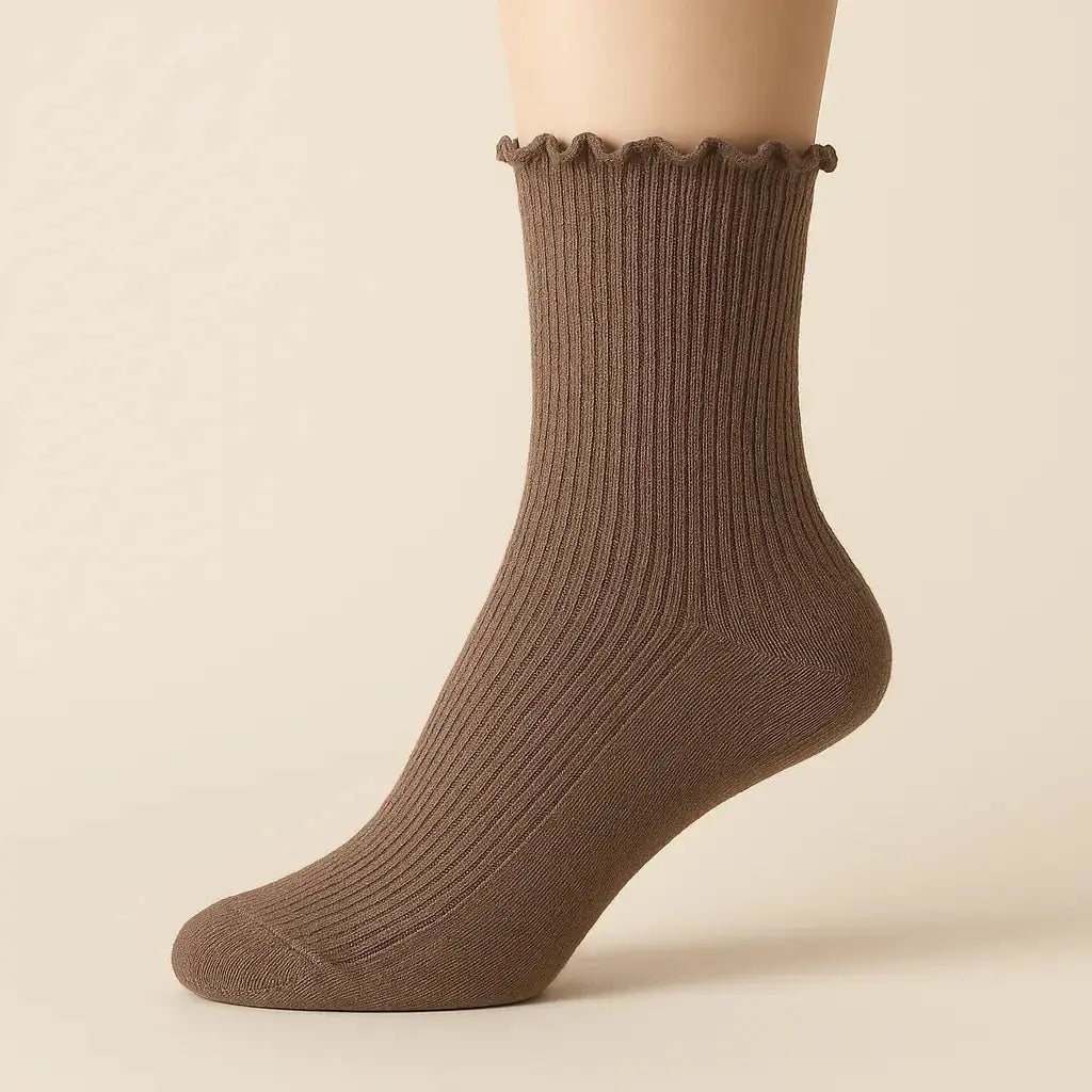 Chaussettes femmes Dentelles mollet coton brun cendré sur pied mannequin