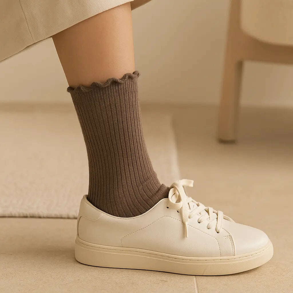 Chaussettes femmes Dentelles mollet coton brun cendré en situation