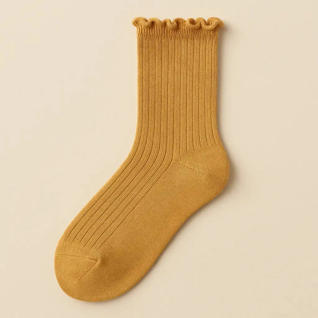 Chaussettes femmes Dentelles mollet coton jaune moutarde vue à plat