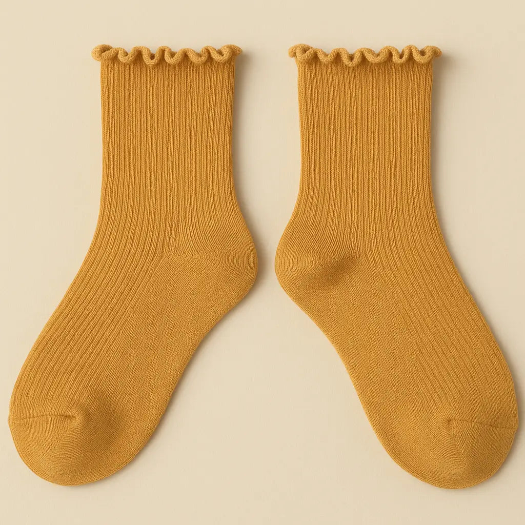 Chaussettes femmes Dentelles mollet coton jaune moutarde paire