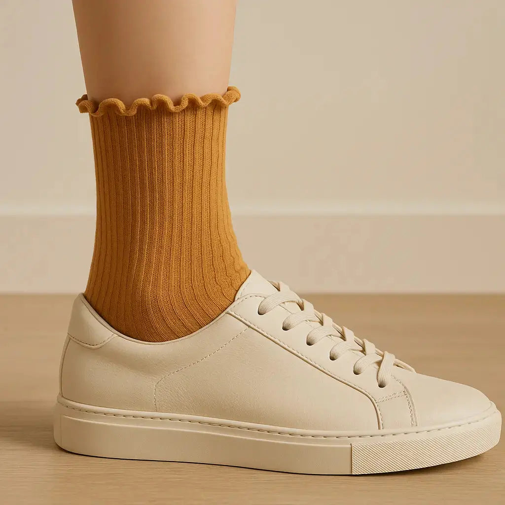 Chaussettes femmes Dentelles mollet coton jaune moutarde avec chaussures