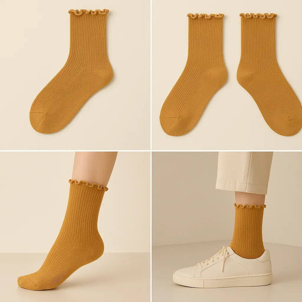 Chaussettes femmes Dentelles mollet coton jaune moutarde galerie produit
