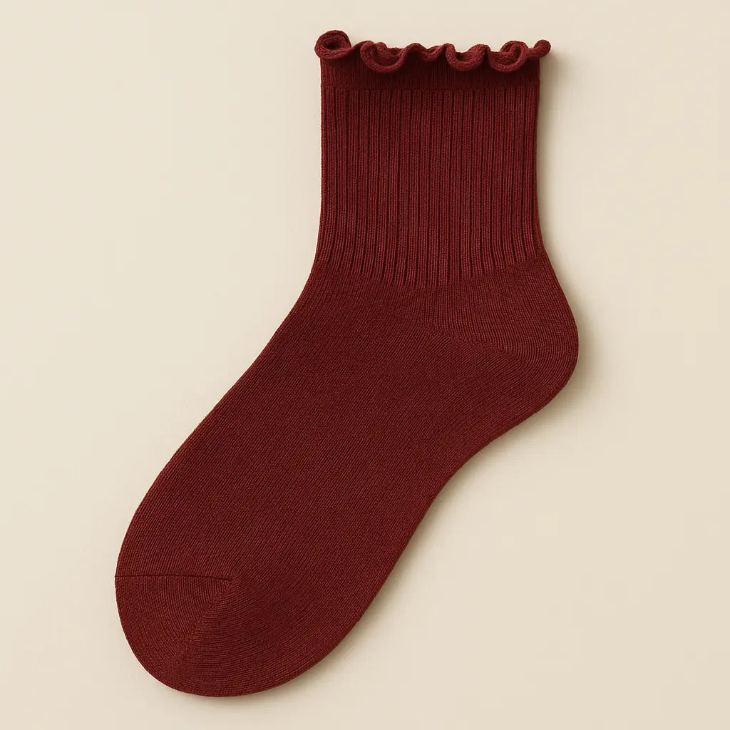 Chaussettes femmes Dentelles mollet coton rouge bordeaux vue à plat