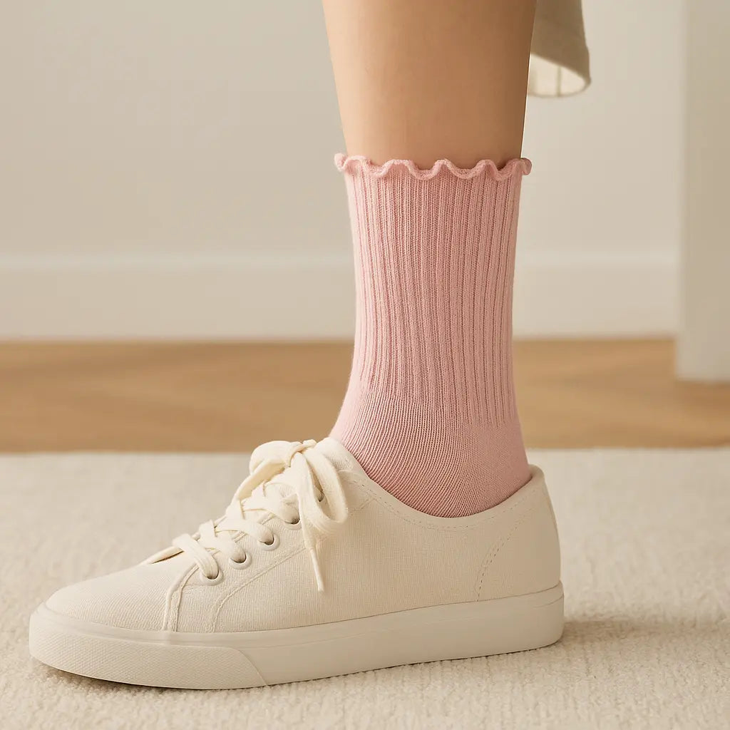 Chaussettes femmes Dentelles mollet coton rose clair en situation