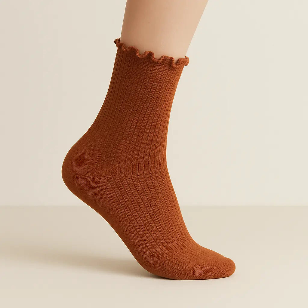 Chaussettes femmes dentelles mollet coton terracotta sur pied mannequin