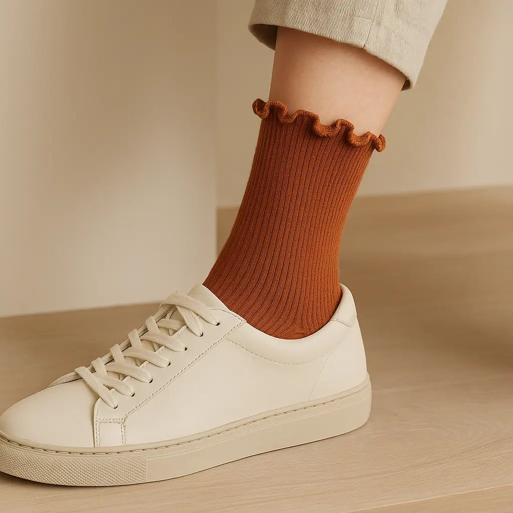 Chaussettes femmes dentelles mollet coton terracotta avec chaussures