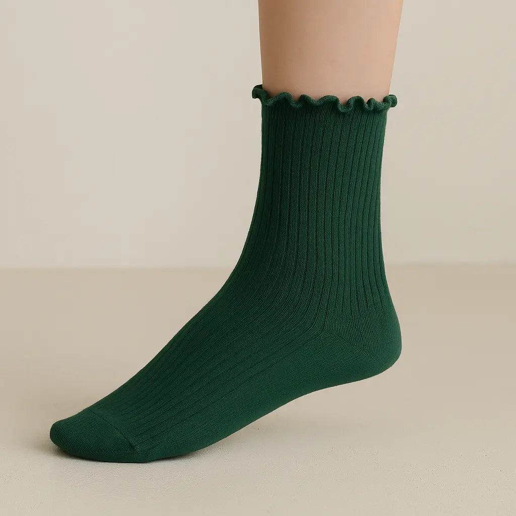 Chaussettes femmes Dentelles mollet coton vert foncé sur pied mannequin