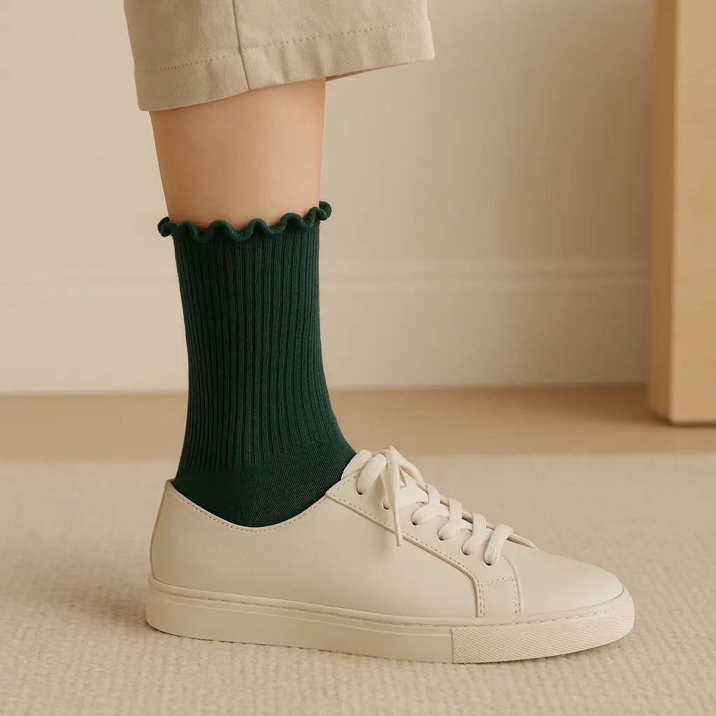 Chaussettes femmes Dentelles mollet coton vert foncé en situation
