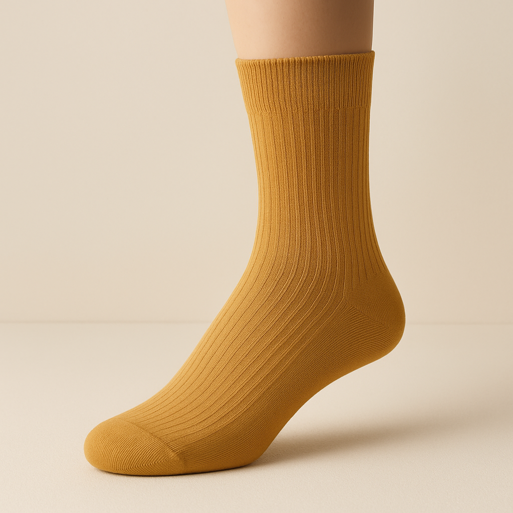 Chaussettes femmes Essential mollet en coton jaune moutarde sur pied mannequin