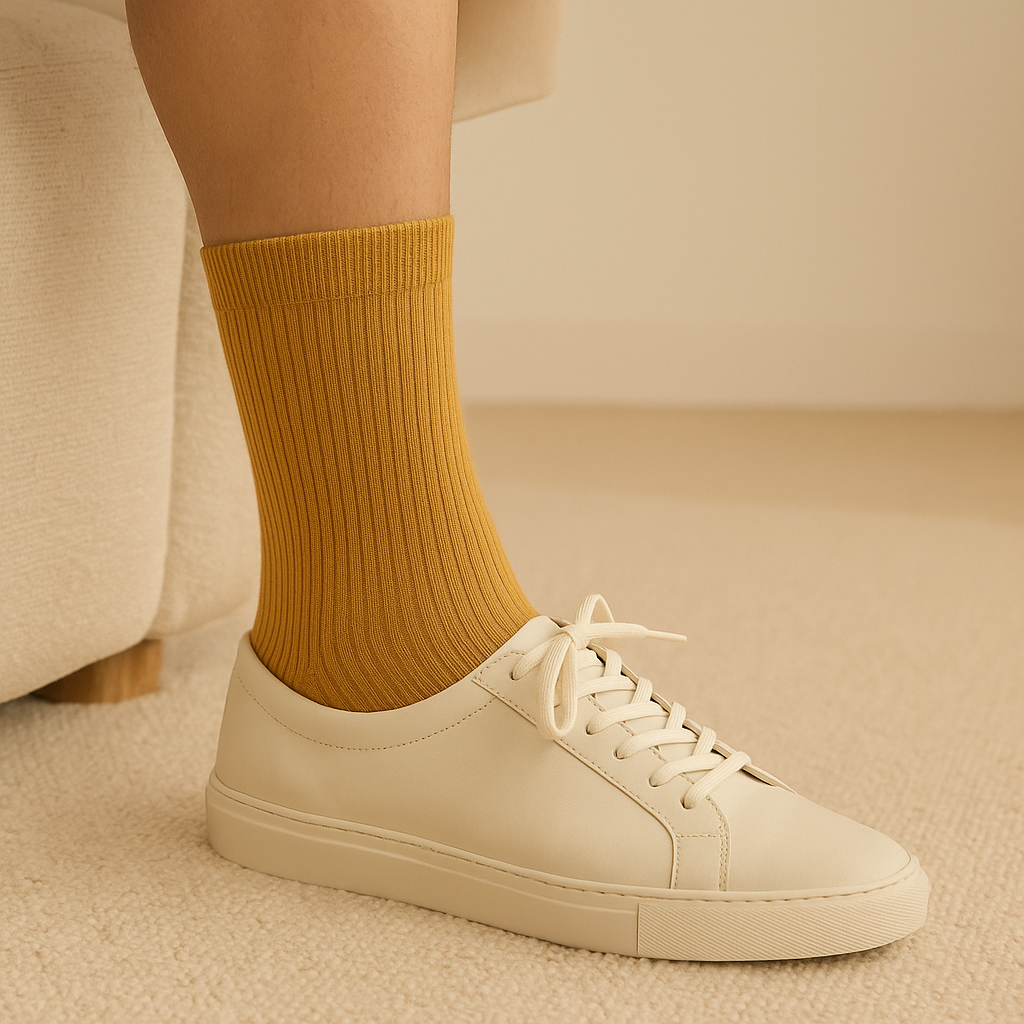 Chaussettes femmes Essential mollet en coton jaune moutarde en situation