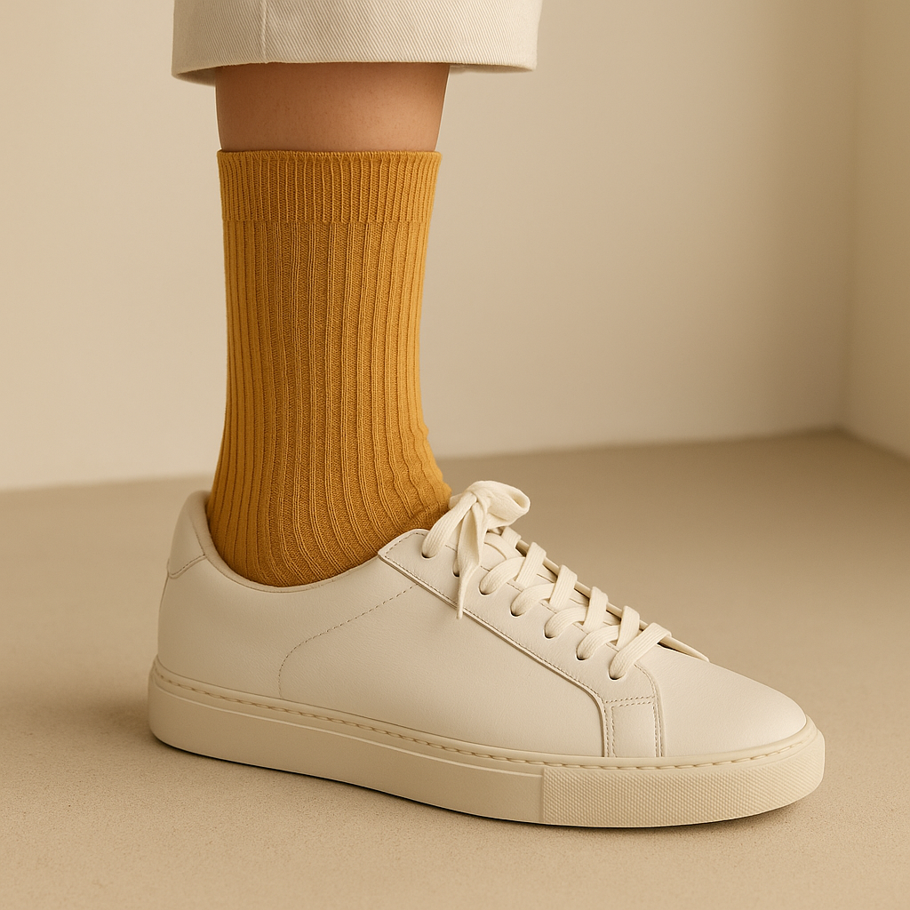 Chaussettes femmes Essential mollet en coton jaune moutarde avec chaussures
