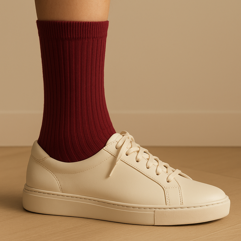 Chaussettes femmes Essential mollet coton rouge bordeaux avec chaussures