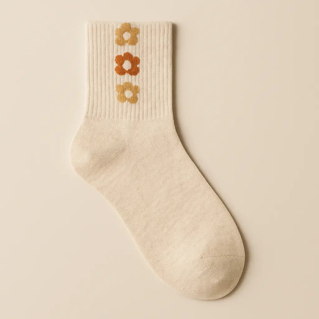 Chaussettes femme Fleurs mollet en coton beige vue à plat