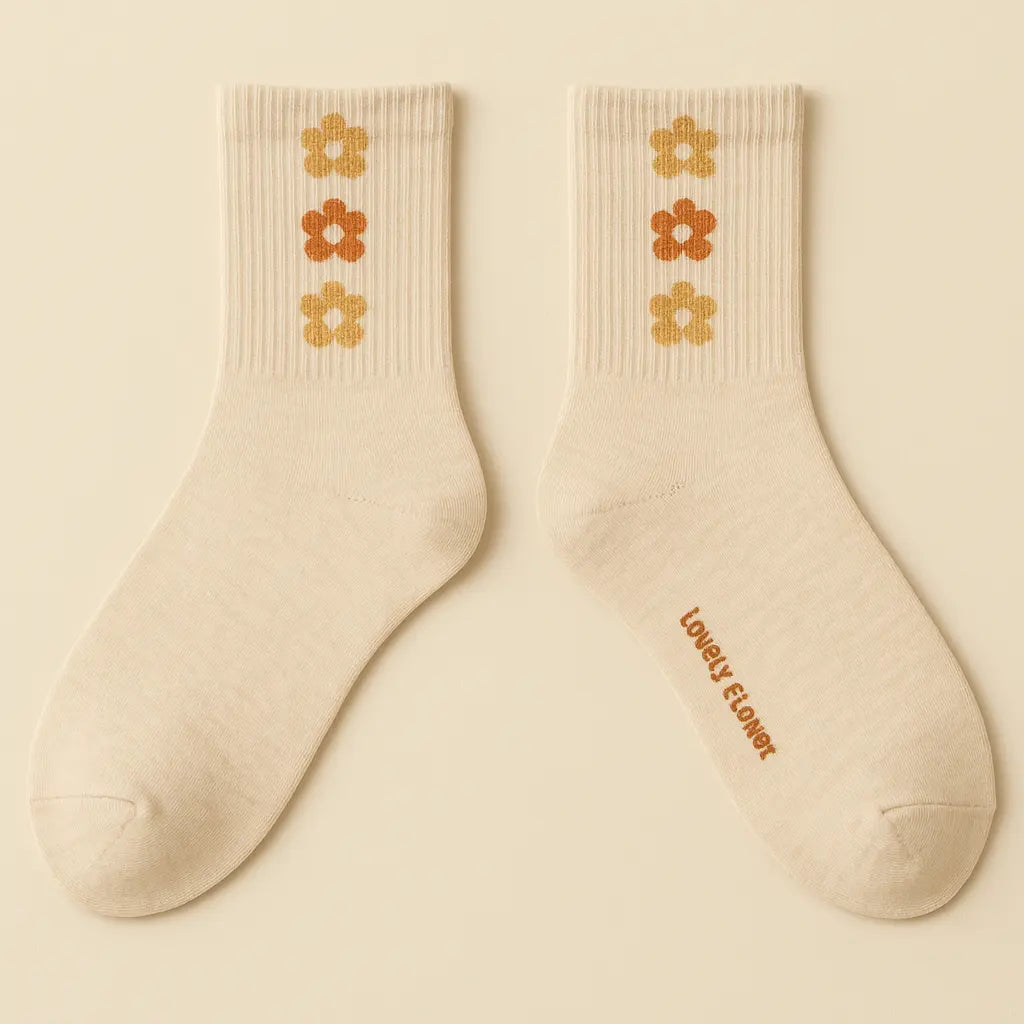 Chaussettes femme Fleurs mollet en coton beige paire