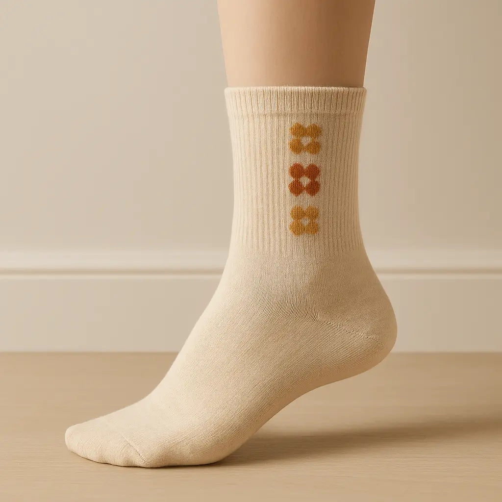 Chaussettes femme Fleurs mollet en coton beige sur pied mannequin
