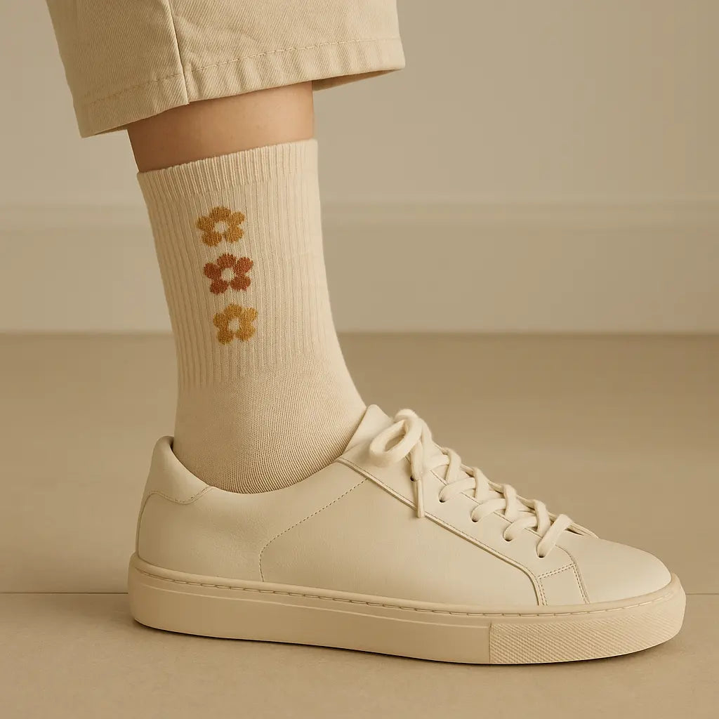 Chaussettes femme Fleurs mollet en coton beige avec chaussures