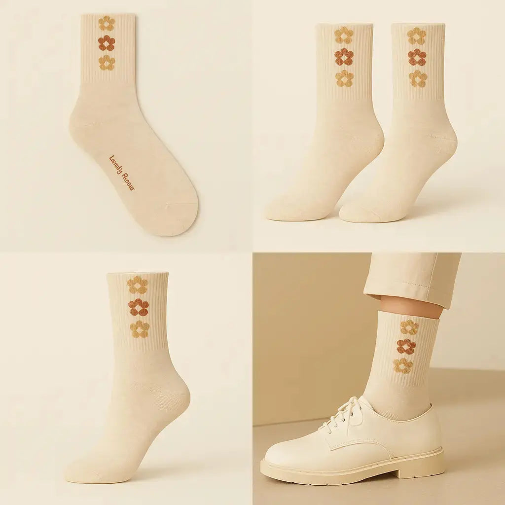 Chaussettes femme Fleurs mollet en coton beige galerie produit
