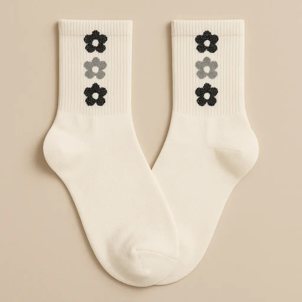 Chaussettes Femme Fleurs Mollet Coton Blanc paire