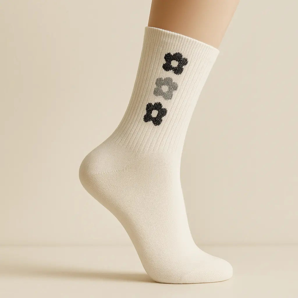 Chaussettes Femme Fleurs Mollet Coton Blanc sur pied mannequin