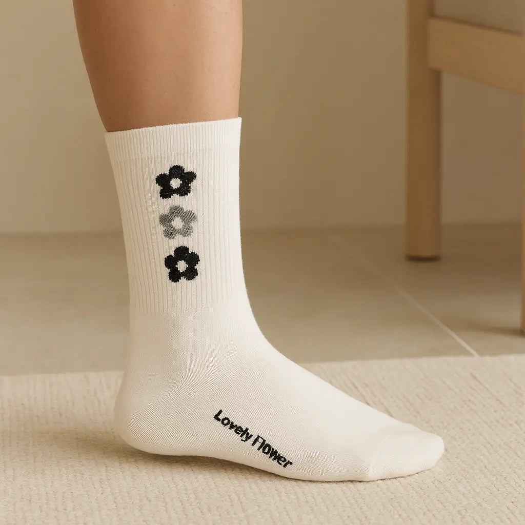 Chaussettes Femme Fleurs Mollet Coton Blanc en situation