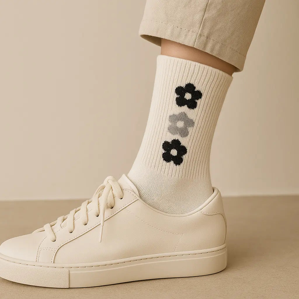 Chaussettes Femme Fleurs Mollet Coton Blanc avec chaussures
