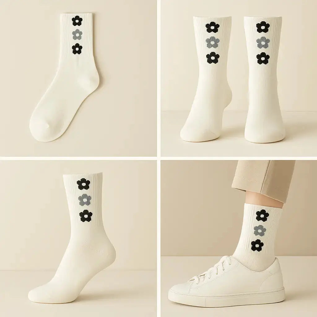 Chaussettes Femme Fleurs Mollet Coton Blanc galerie produit