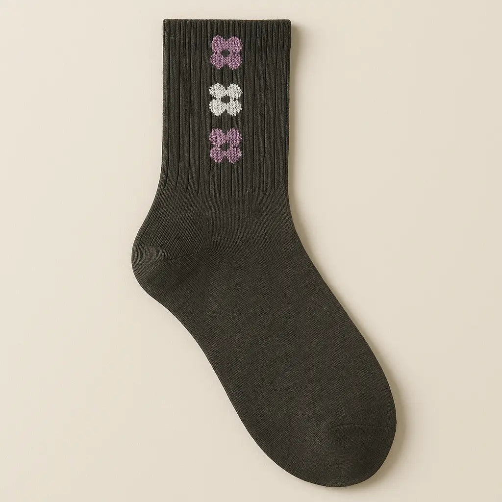 Chaussettes femmes Fleurs gris foncé mollet en coton vue à plat
