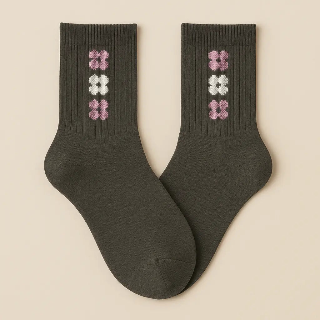 Chaussettes femmes Fleurs gris foncé mollet en coton paire