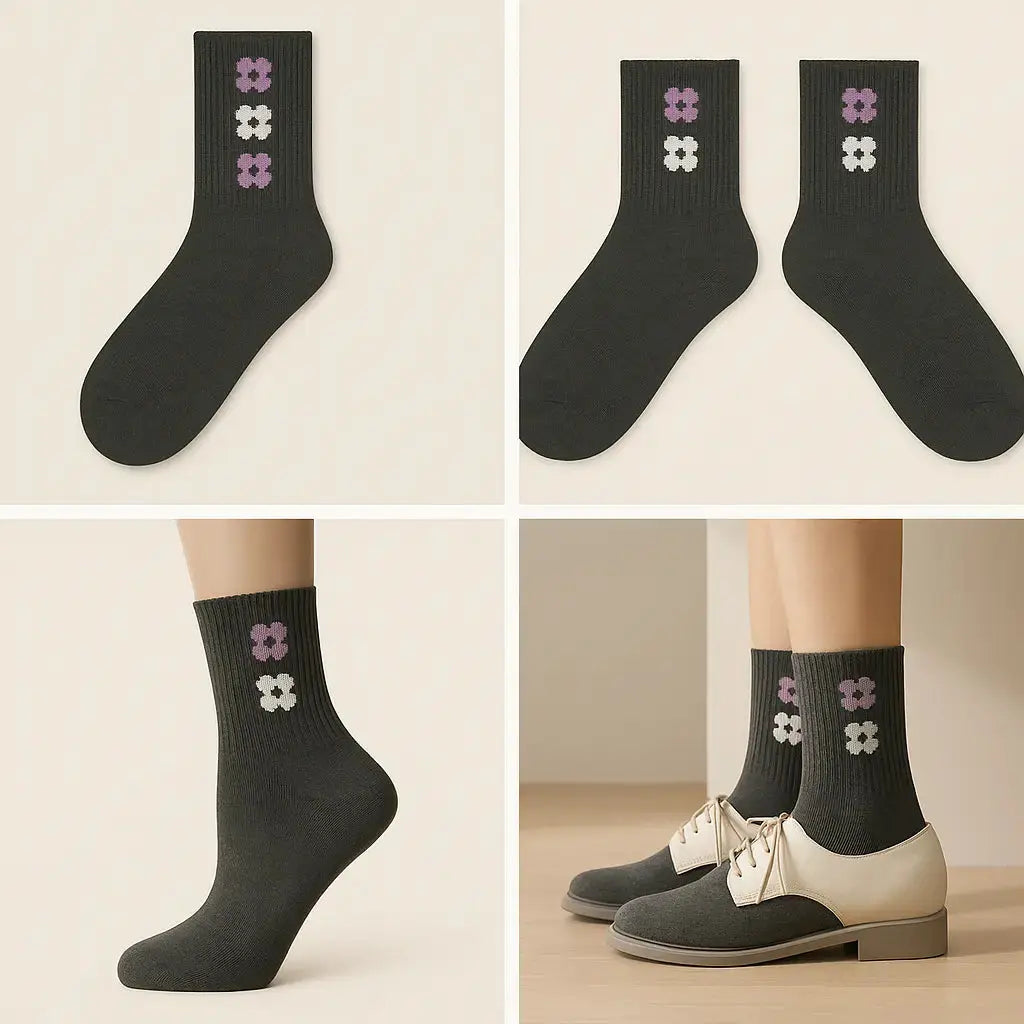 Chaussettes femmes Fleurs gris foncé mollet en coton galerie produit