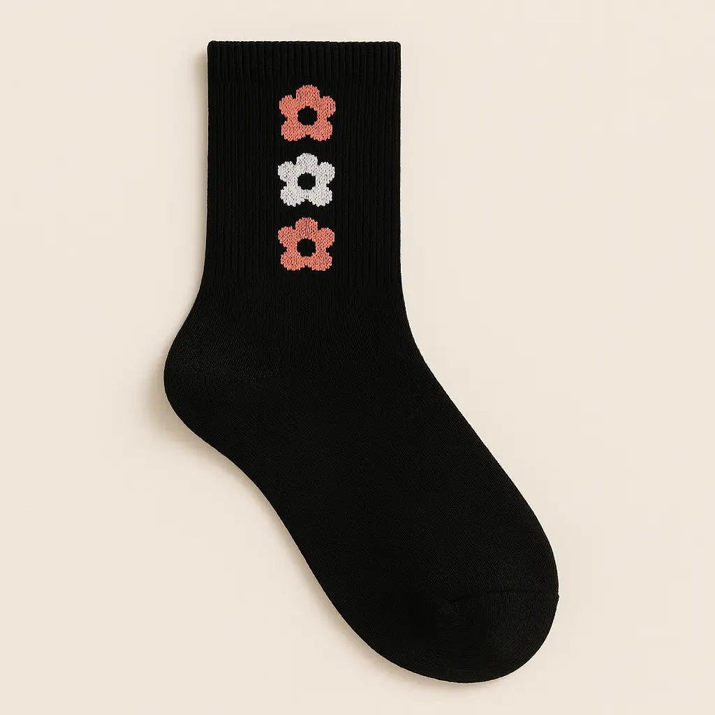 Chaussettes femme Fleurs noires en coton mi-mollet vue à plat