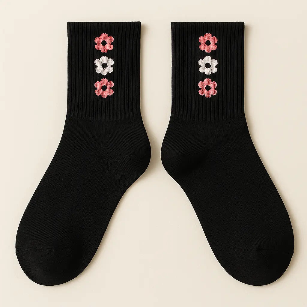 Chaussettes femme Fleurs noires en coton mi-mollet paire