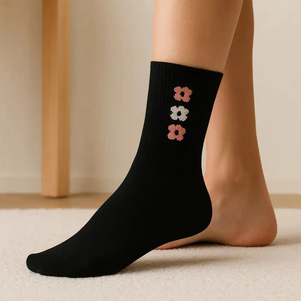 Chaussettes femme Fleurs noires en coton mi-mollet en situation