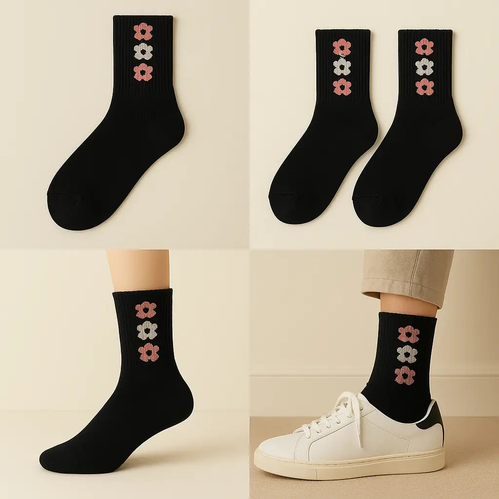 Chaussettes femme Fleurs noires en coton mi-mollet galerie produit