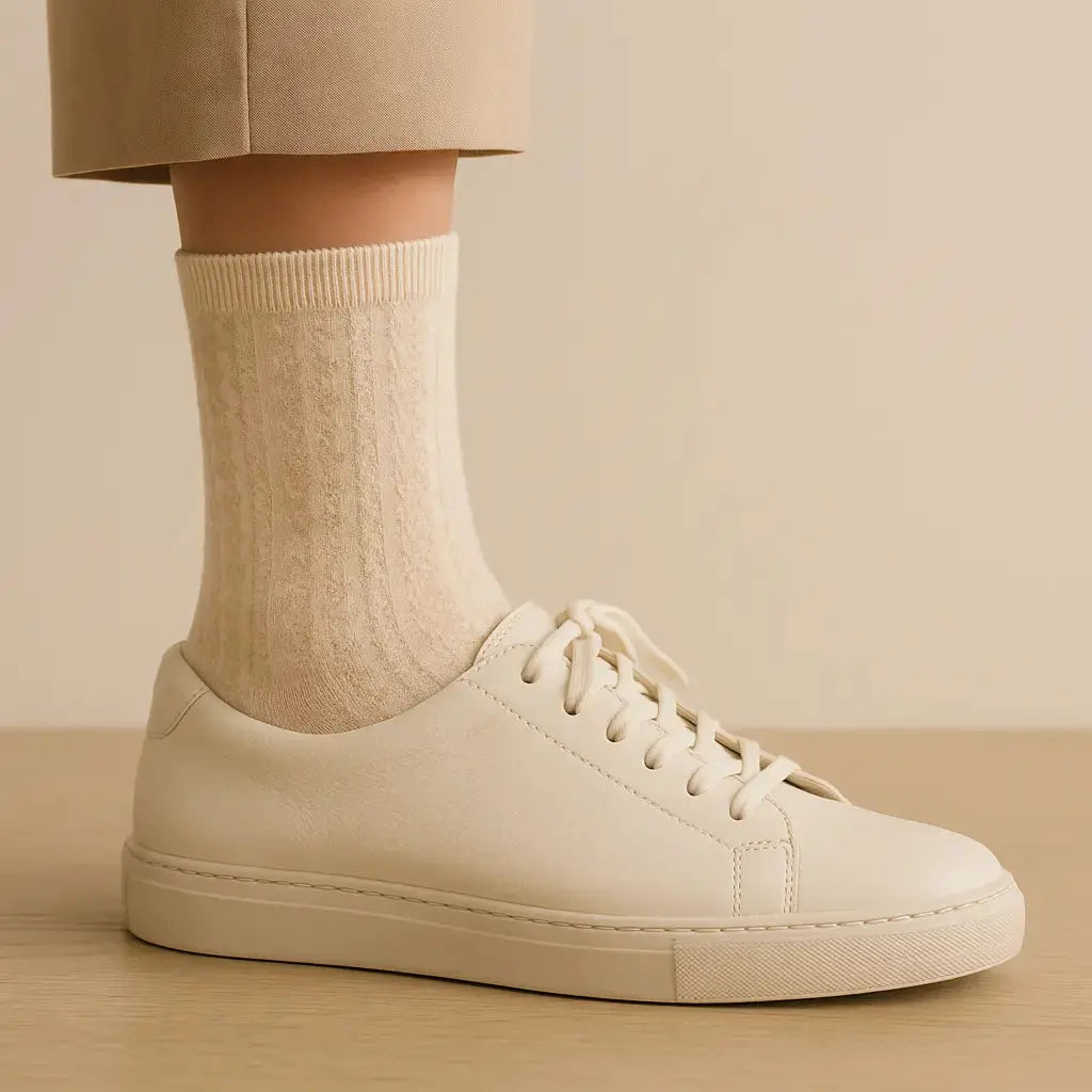 Chaussettes Femmes Fleurs mi-mollet en coton beige avec chaussures