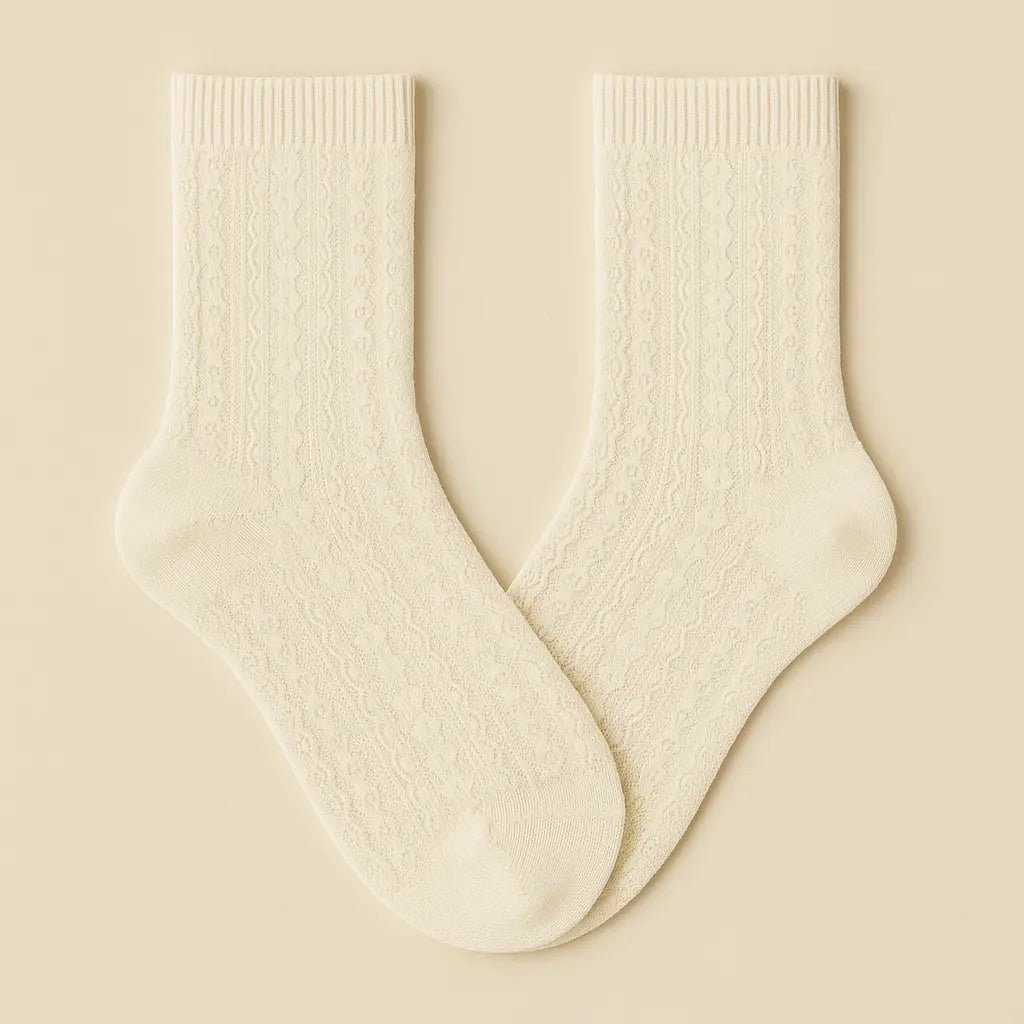 Chaussettes femmes Fleurs blanches mi-mollet en coton paire