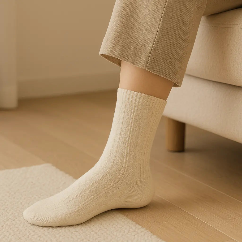 Chaussettes femmes Fleurs blanches mi-mollet en coton en situation
