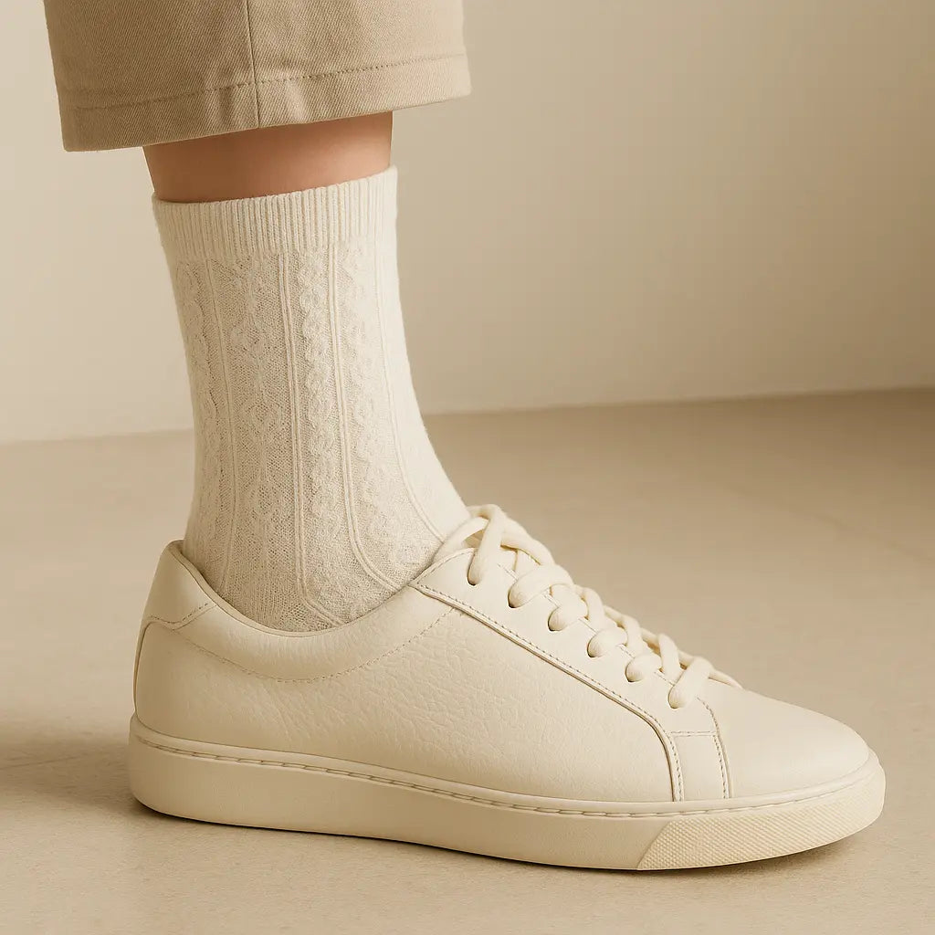 Chaussettes femmes Fleurs blanches mi-mollet en coton avec chaussures