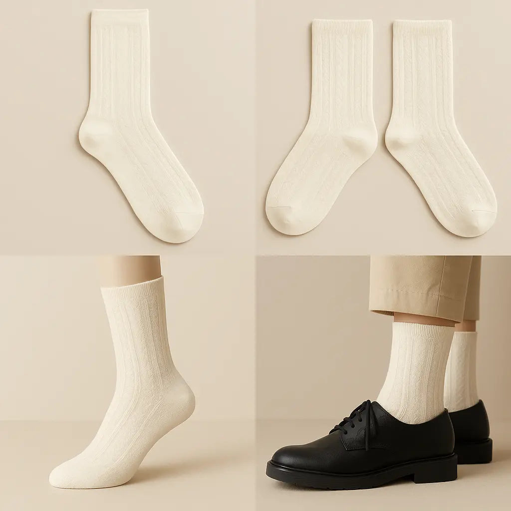 Chaussettes femmes Fleurs blanches mi-mollet en coton galerie produit