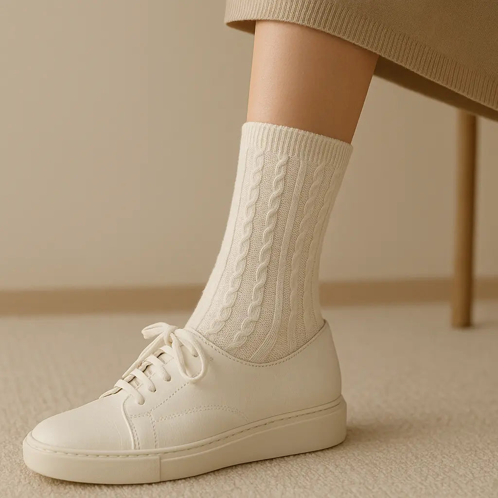 Chaussettes femmes Maille mollet coton avoine en situation