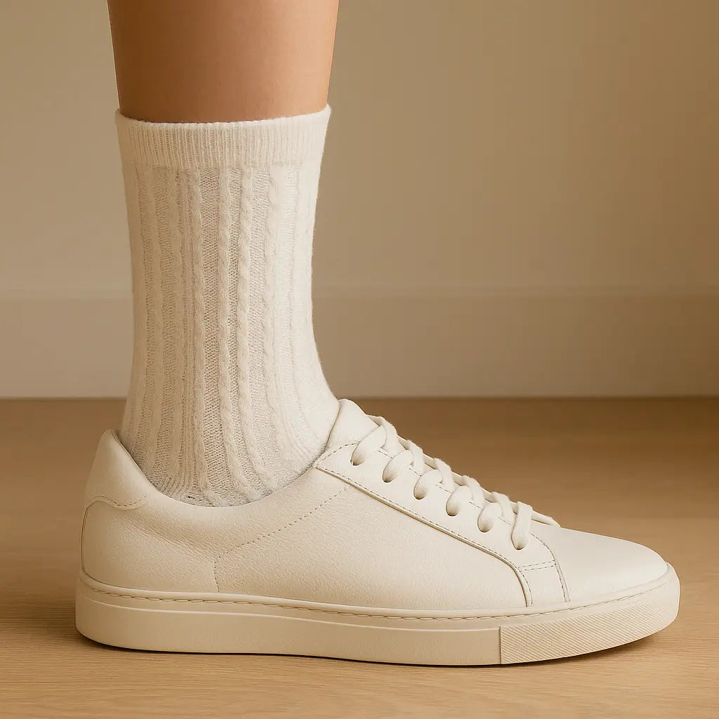 Chaussettes femmes maille coton blanc mi-mollet avec chaussures