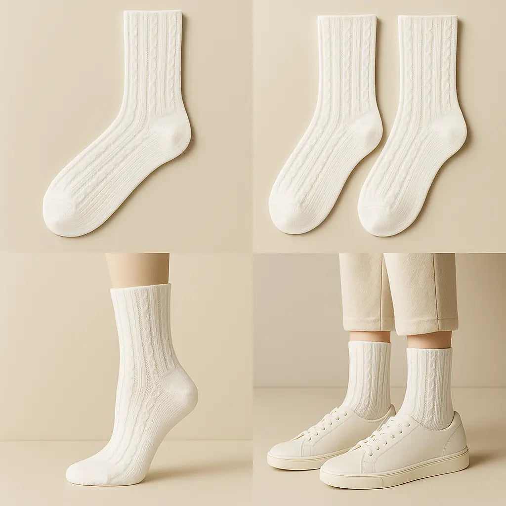 Chaussettes femmes maille coton blanc mi-mollet galerie produit