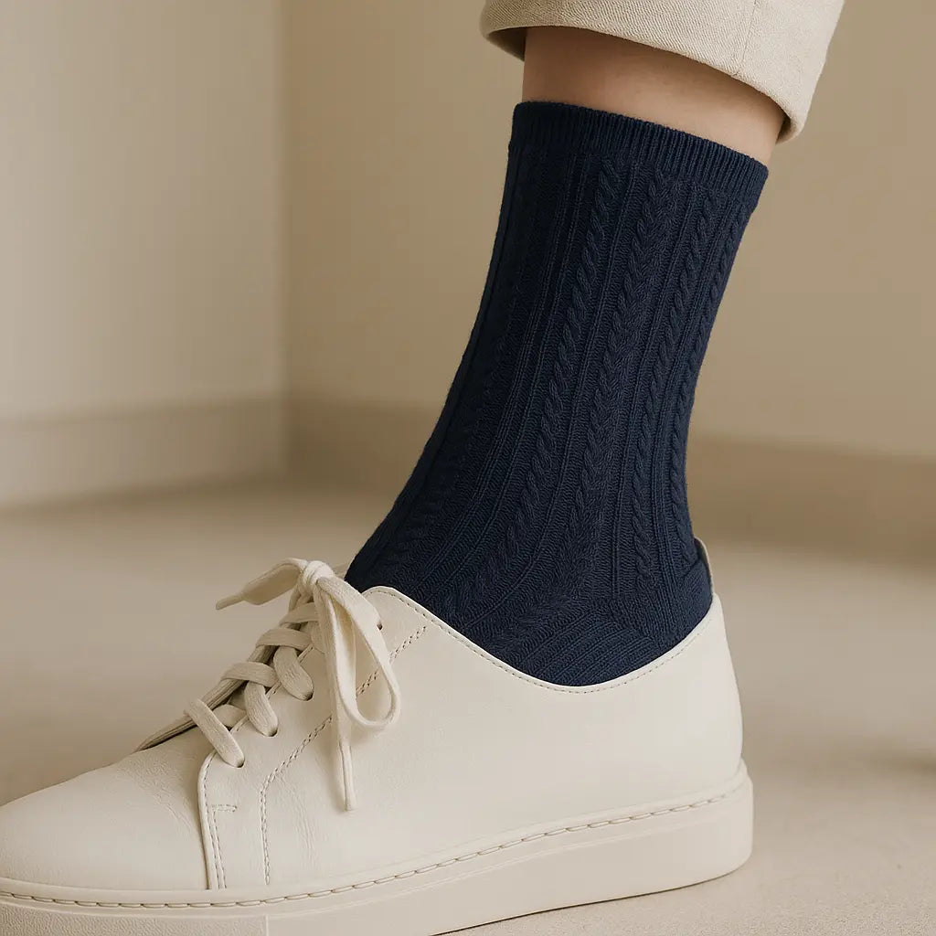 Chaussettes femmes Maille mollet coton bleu marine avec chaussures