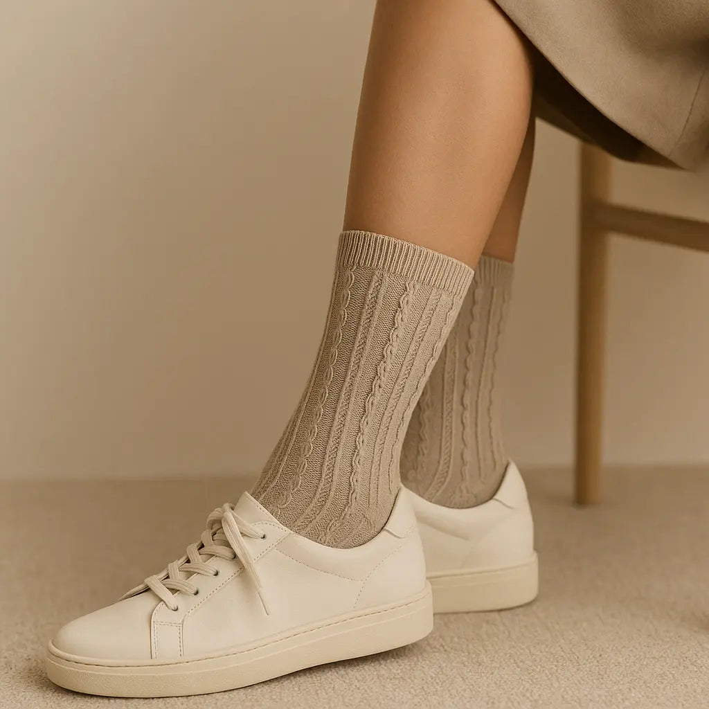 Chaussettes Femmes Maille Mollet Coton Brun Cendré en situation