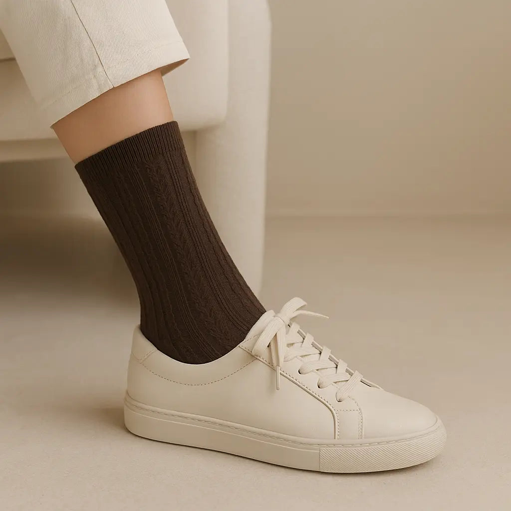 Chaussettes femmes Maille marron mi-mollet en coton en situation